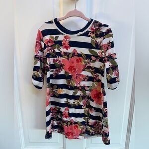 Moon & Stars 2T/3T Blue & White Stripe Multicolor Floral Girls Long Sleeve Dress